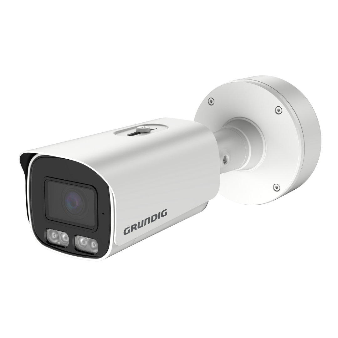 GU-CI-AP4634T – Produktfoto einer 4 MP Bullet IP-Kamera (2,8–12 mm Motor-Vario, IR/LED, Weißlicht-LED, WDR) vor weißem Hintergrund.