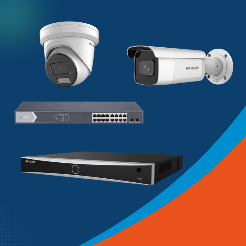 Hikvision Videoüberwachungs-Komplettset mit zwei 4-MP-IP-Kameras, 8-Kanal-AcuSense-Rekorder und Smart-Managed-PoE-Switch