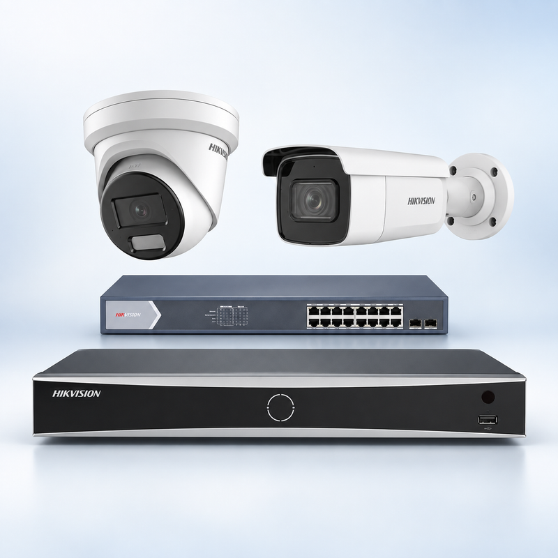 Hikvision Videoüberwachungs-Komplettset mit zwei 4-MP-IP-Kameras, 8-Kanal-AcuSense-Rekorder und Smart-Managed-PoE-Switch